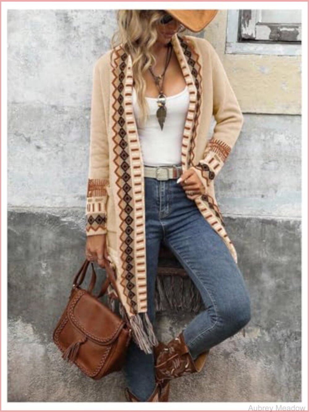 Boho Long Cardigan Sweater Western Fringe Duster Open Front Knit with Pocket - Picture 3 of 5
